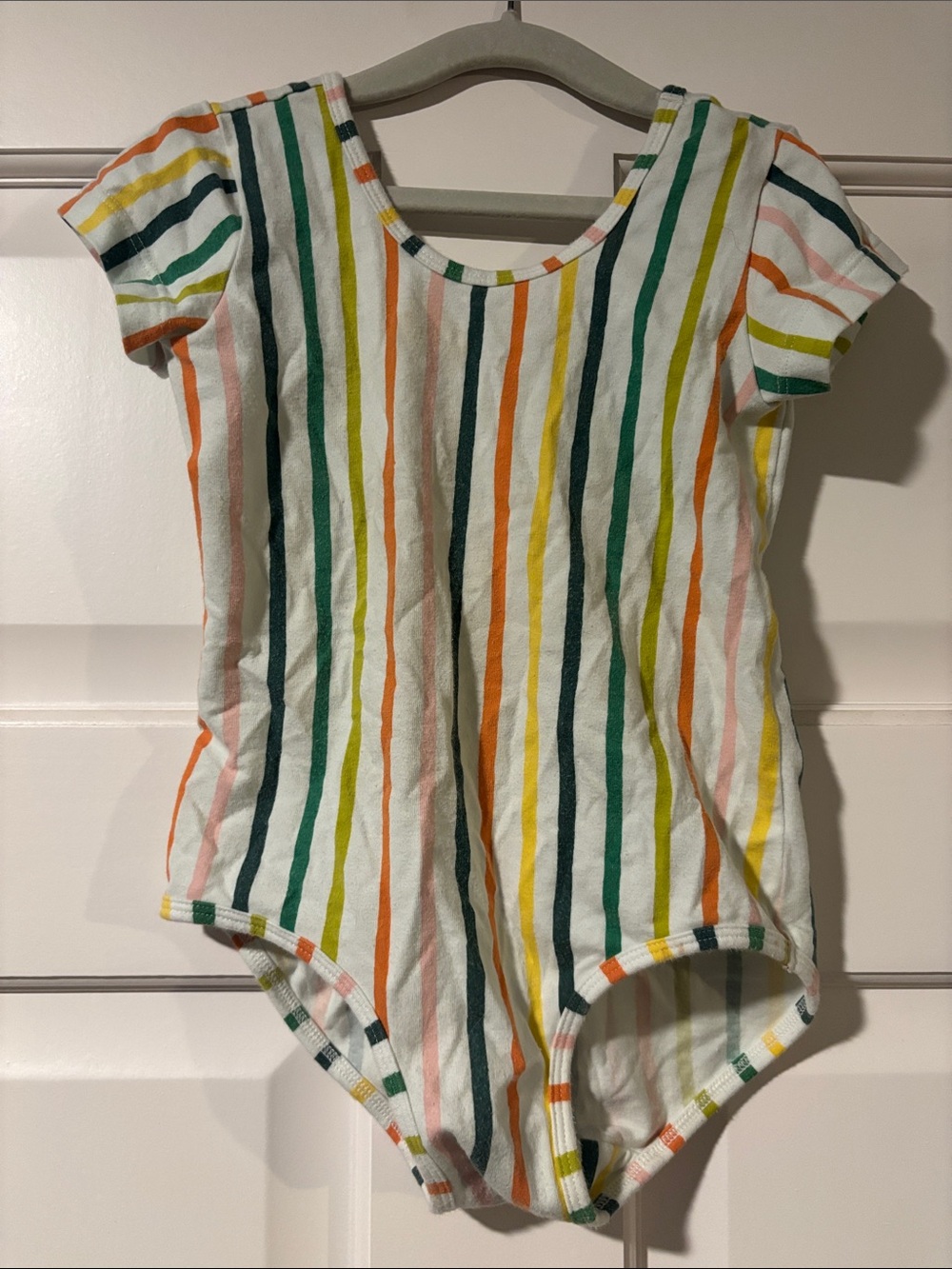 Alice + Ames Striped Short-Sleeve Leotard - White with Multicolor Stripes